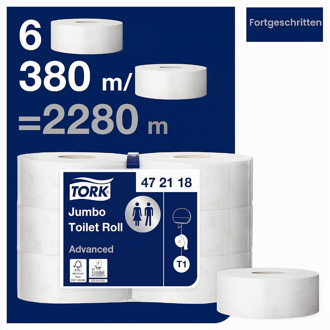 Tork Jumbo Toilettenpapier Weiss T1, Advanced, 2‑lagig, 6 × 380 m, 472118