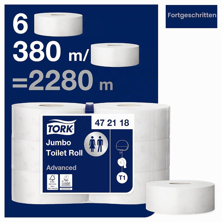 Tork Jumbo Toilettenpapier Weiss T1, Advanced, 2‑lagig, 6 × 380 m, 472118