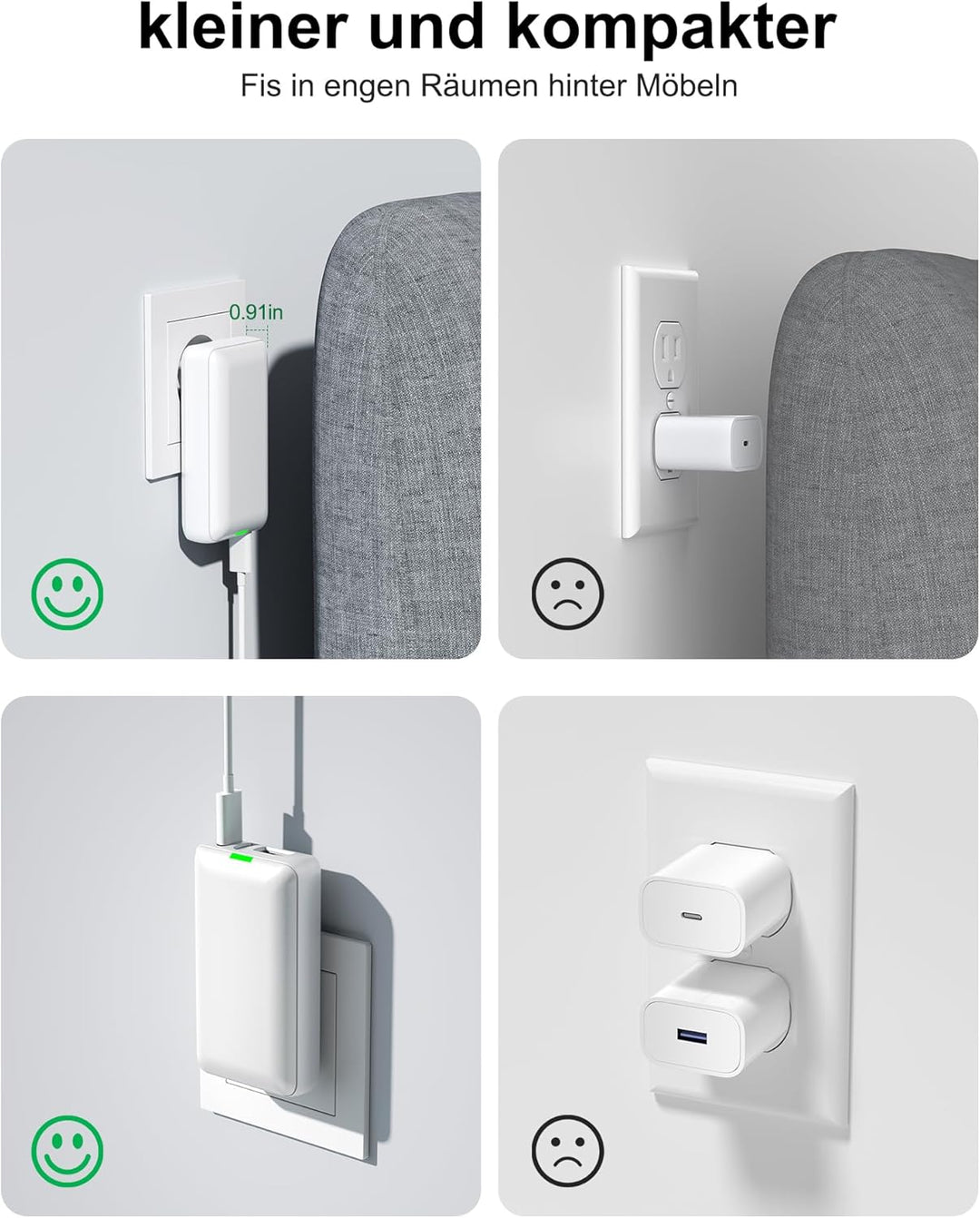 USB Ladegerät Flach,3 Ports USB C Stecker Abgewinkelt,Flaches Netzteil mit 20W PD Schnellladegerät,F