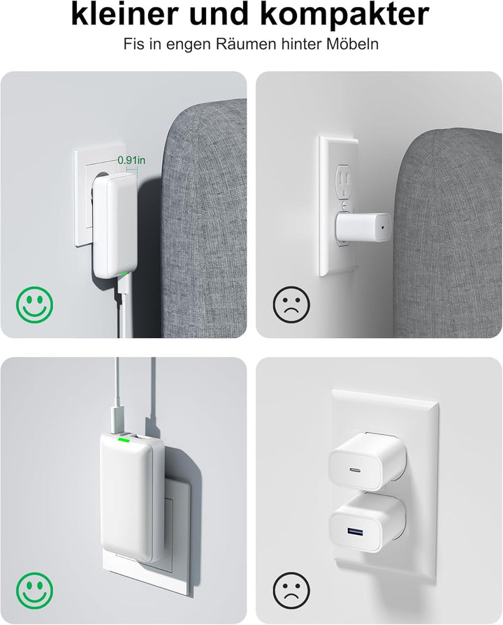 USB Ladegerät Flach,3 Ports USB C Stecker Abgewinkelt,Flaches Netzteil mit 20W PD Schnellladegerät,F