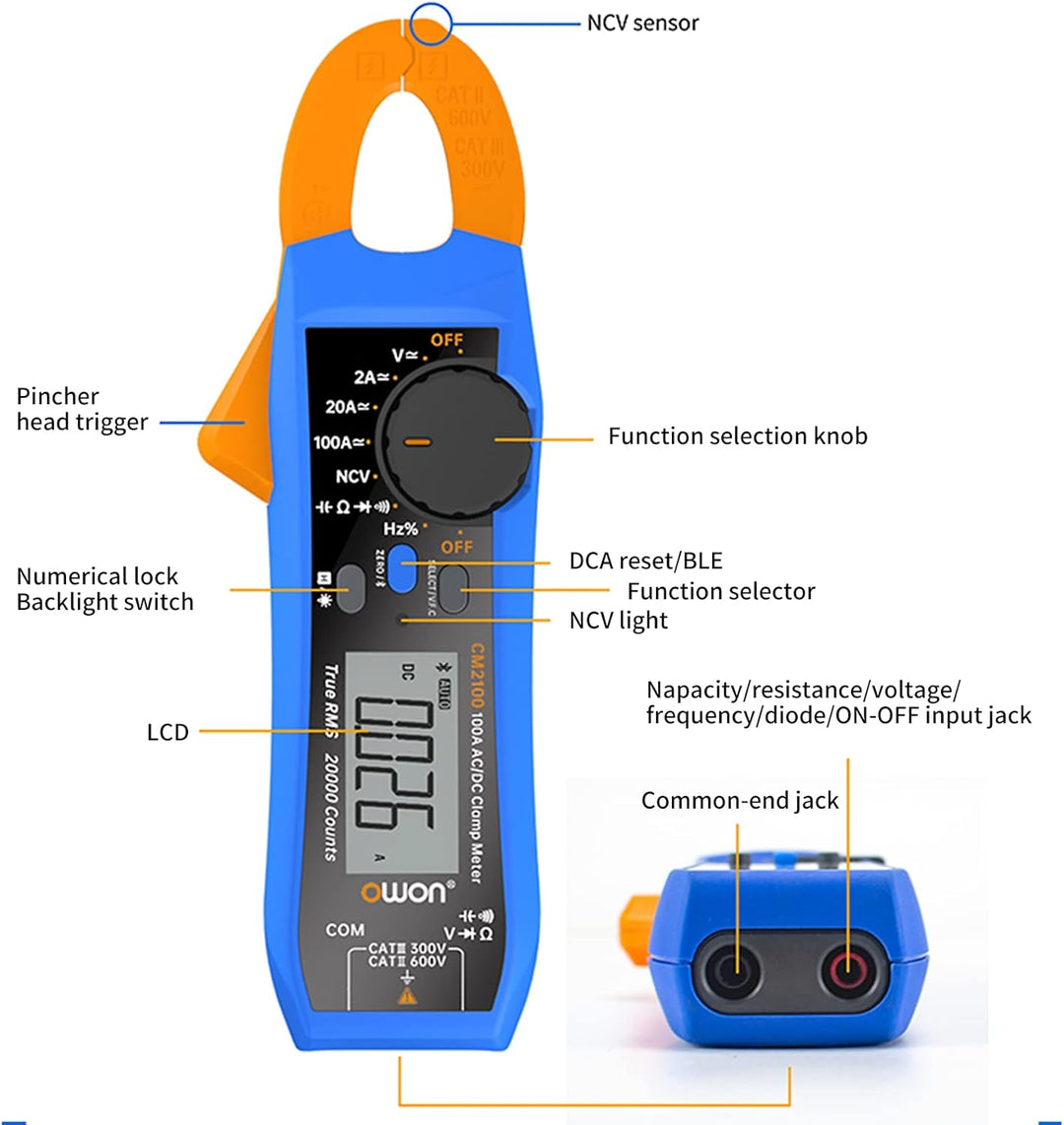 OWON CM2100 Digitales Stromzangenmessgerät Smart Electrical Tester 600V AC/DC True RMS VFC Diodenmul