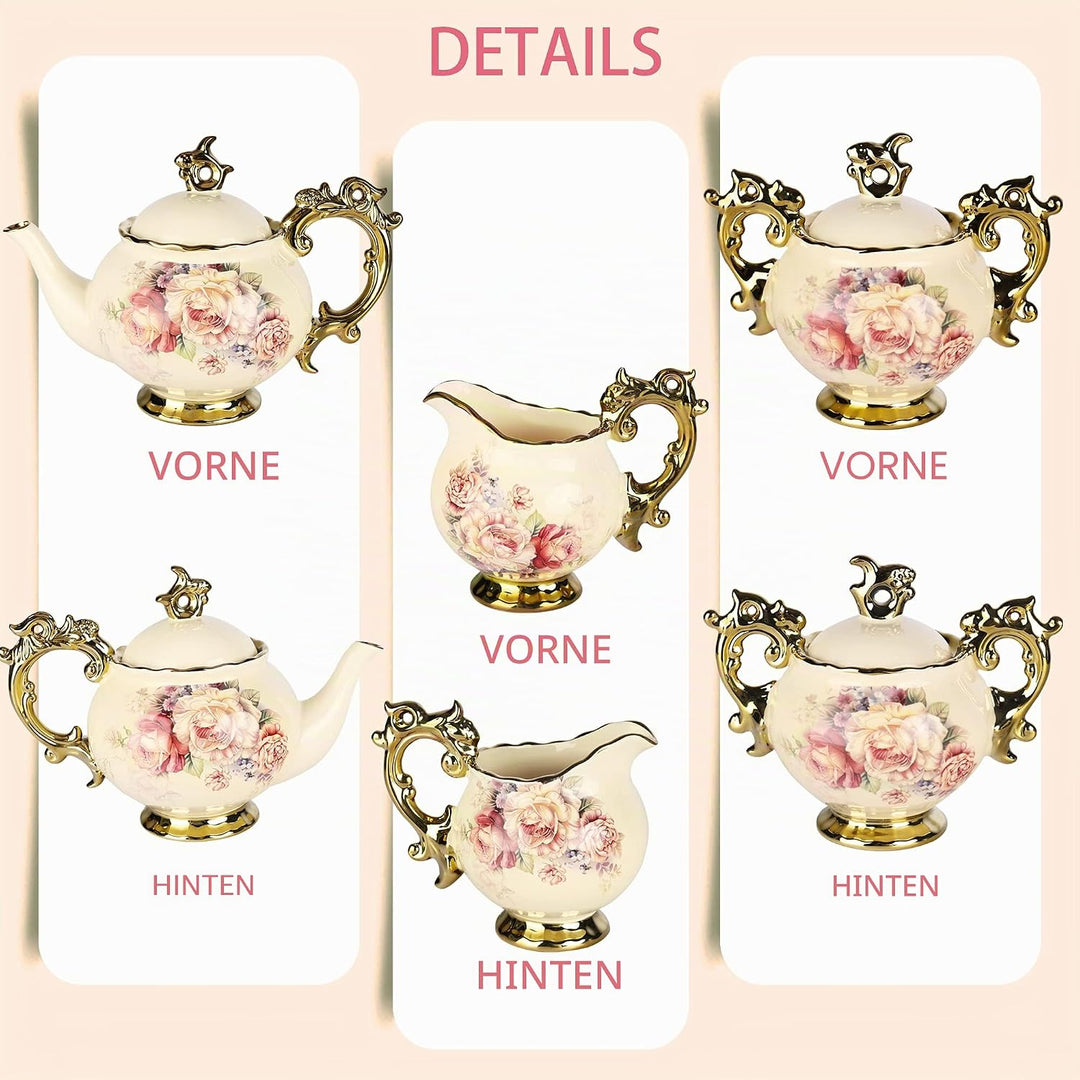 fanquare 15 Stück Rose Blumen Englische Keramik Tee Sets, Vintage China Kaffee Set, Tee Service für