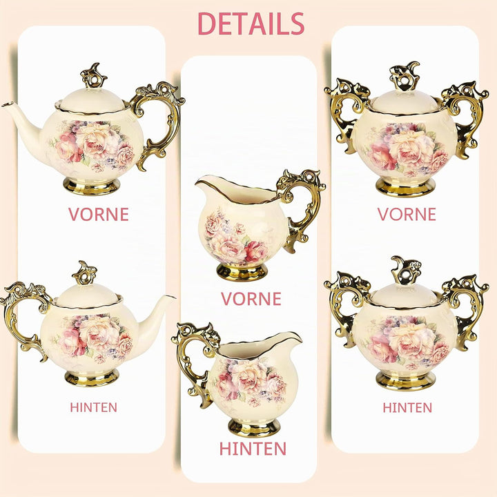 fanquare 15 Stück Rose Blumen Englische Keramik Tee Sets, Vintage China Kaffee Set, Tee Service für