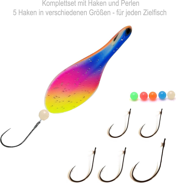 Njord Kalastus Inline Spoon Forelle in Box | UV Aktiv und Selbstleuchtende 3D Augen | Durchlaufblink