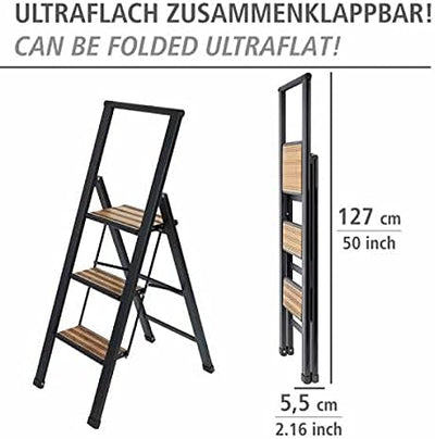 WENKO Leichte Aluminium Trittleiter mit 3 Stufen für 75 cm höheren Stand, rutschsichere XXL-Stufen,