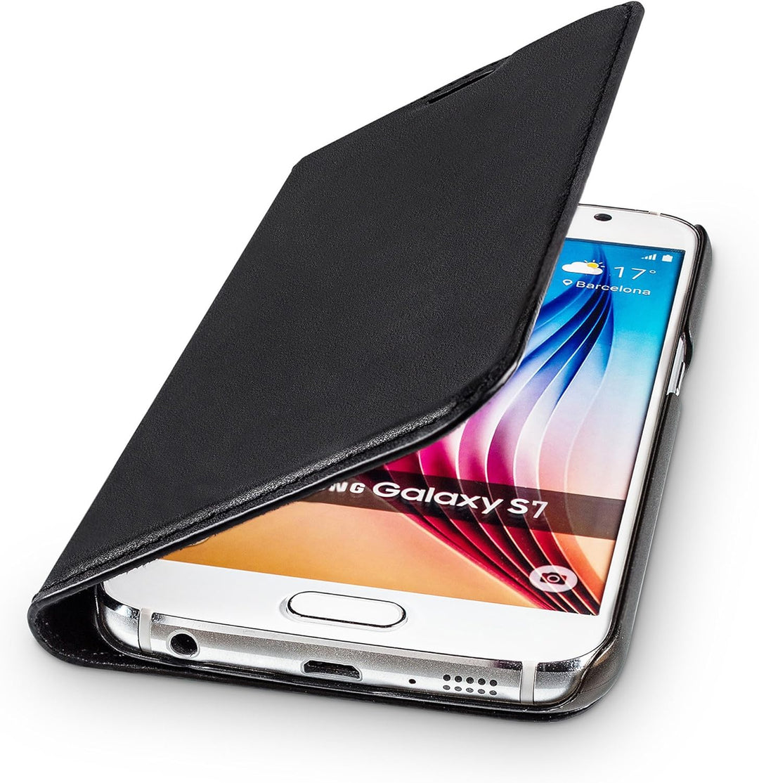 WIIUKA Echt Ledertasche -TRAVEL- für Samsung Galaxy S7 mit Kartenfach, extra Dünn, Tasche Schwarz, L