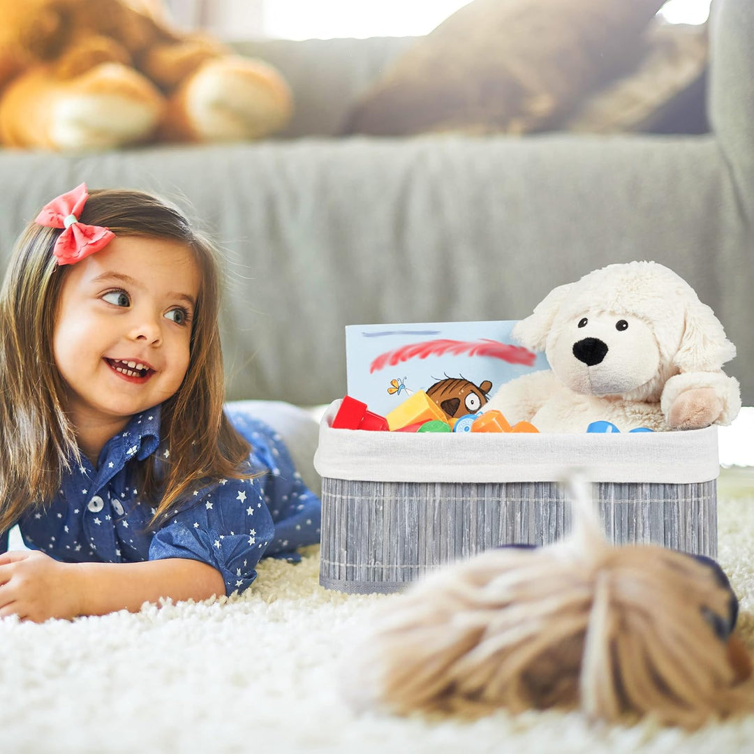 Relaxdays Aufbewahrungskorb 3er Set, Stoffbezug, Bambus, rechteckig, Bad, Accessoires, Spielzeug, Al