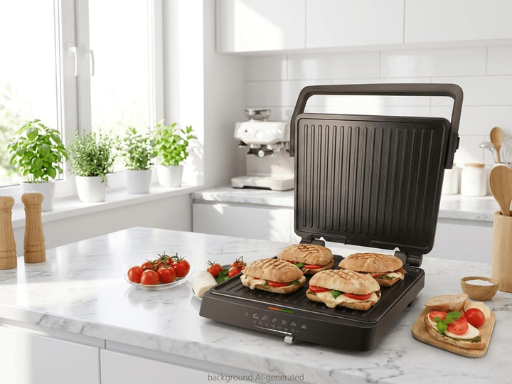 Steba FG 75 Panini-, Kontakt- und Tischgrill | PFAS-freie Grillplatten 27 x 24 cm, Betriebs- & Tempe