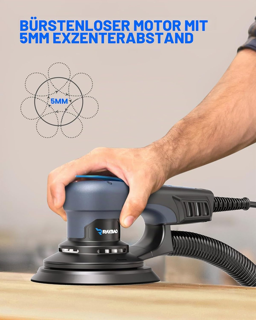 350W Bürstenloser Exzenterschleifer mit 150mm Schleifteller, 5mm Exzentrizität Exzenter Schleifer, 6