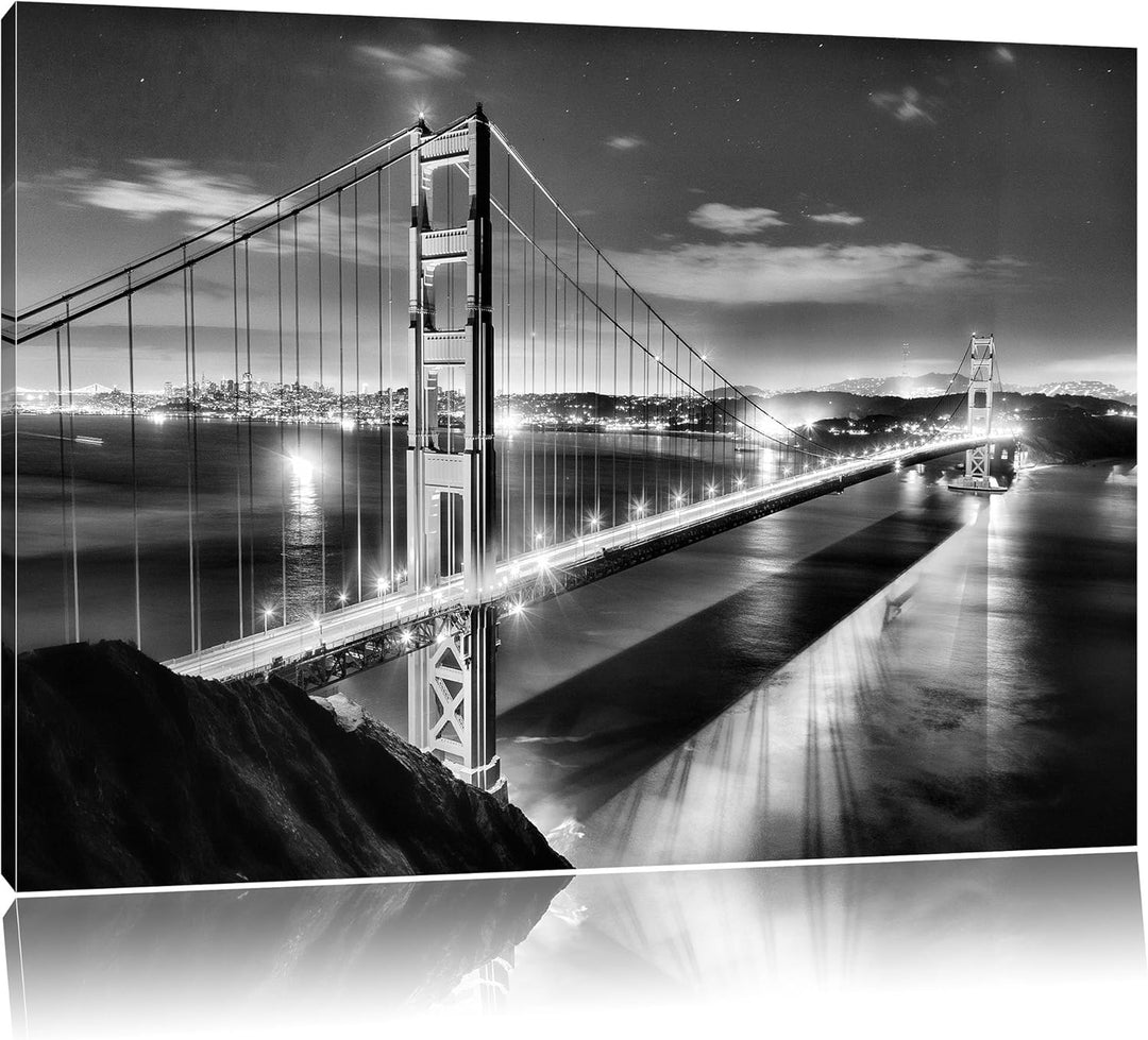 Pixxprint Golden Gate Bridge bei Nacht als Leinwandbild/Grösse: 100x70 cm/Wandbild/Kunstdruck/fertig