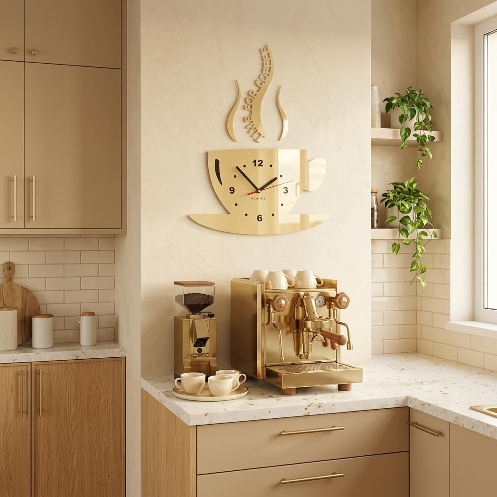 FLEXISTYLE Tasse Time for Coffee (Zeit für Kaffee) Moderne Küche Wanduhr, Vanille Ecru, 3D römisch,
