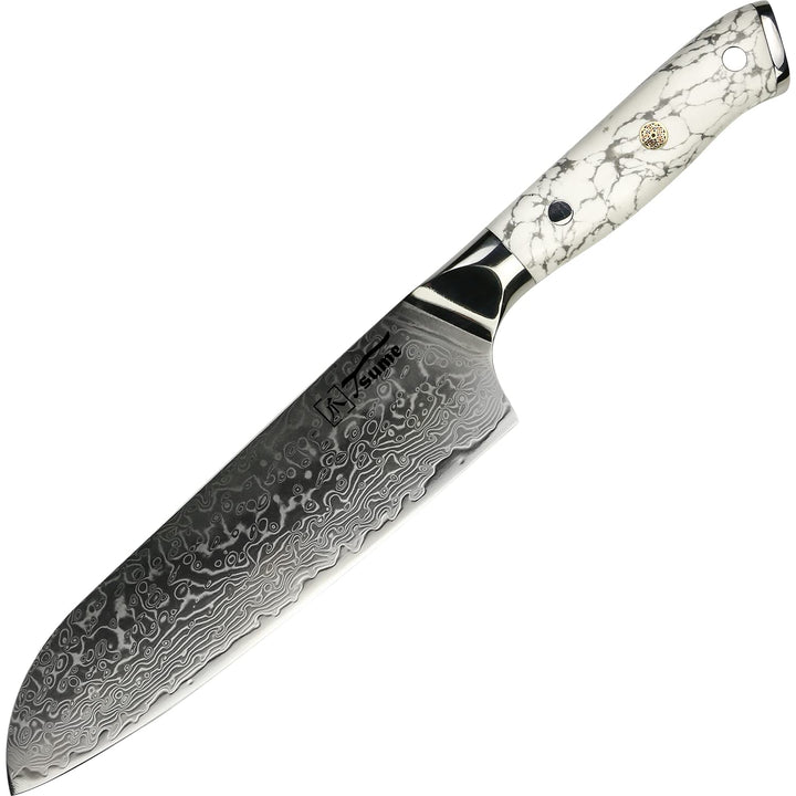 Tsume Santoku Messer White Marble, Klingenlänge 22cm, Echtes Damast Küchenmesser, 67 Schichten VG10