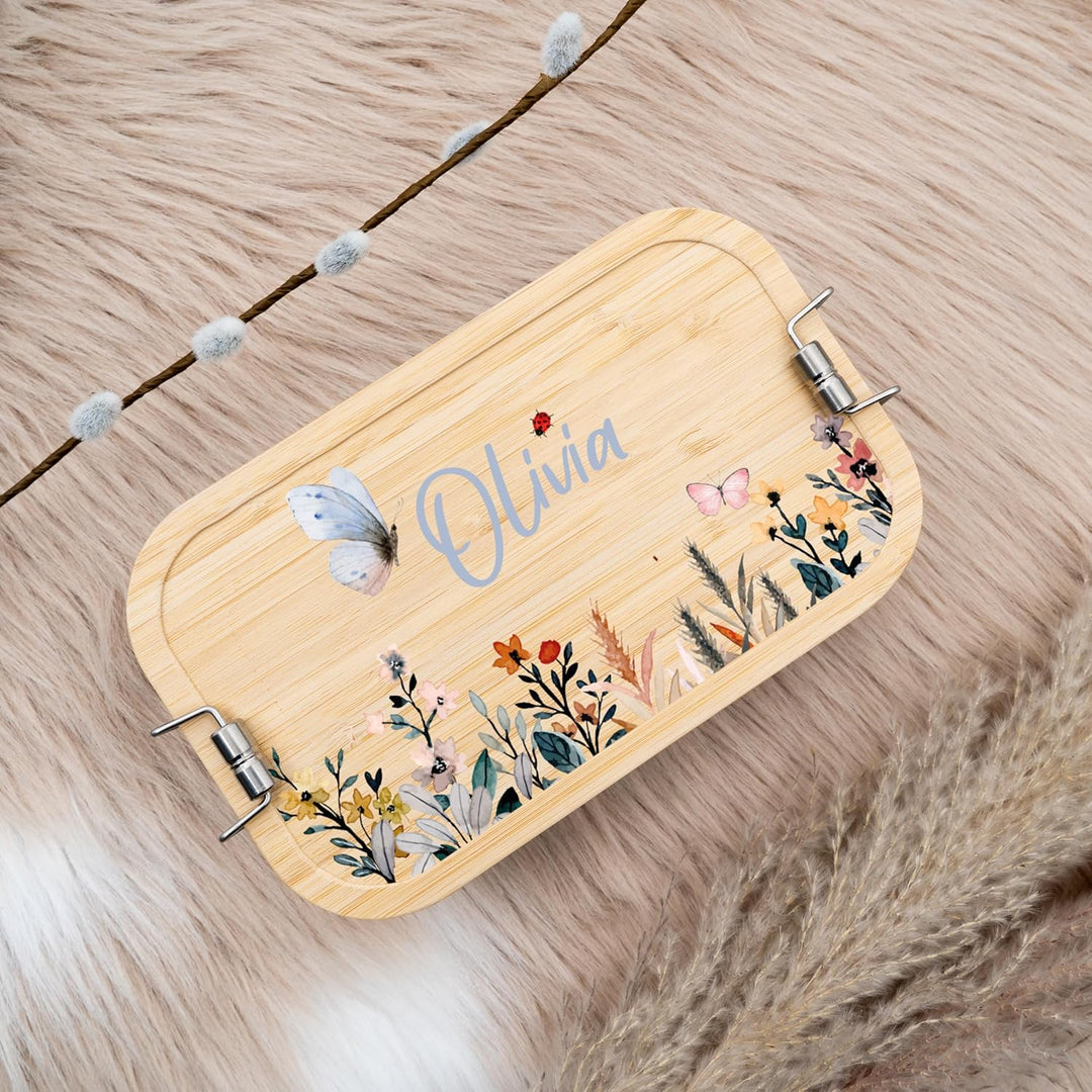 Kidsmood - Personalisierte Brotdose Kinder mit Fächern, Edelstahl Lunchbox mit Bambusdeckel | Schads