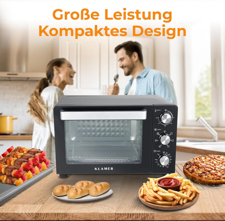 KLAMER Minibackofen mit Umluft (30 Liter), 6 Backfunktionen, 70-230°C, 120 min. Timer, Mini-Ofen ink