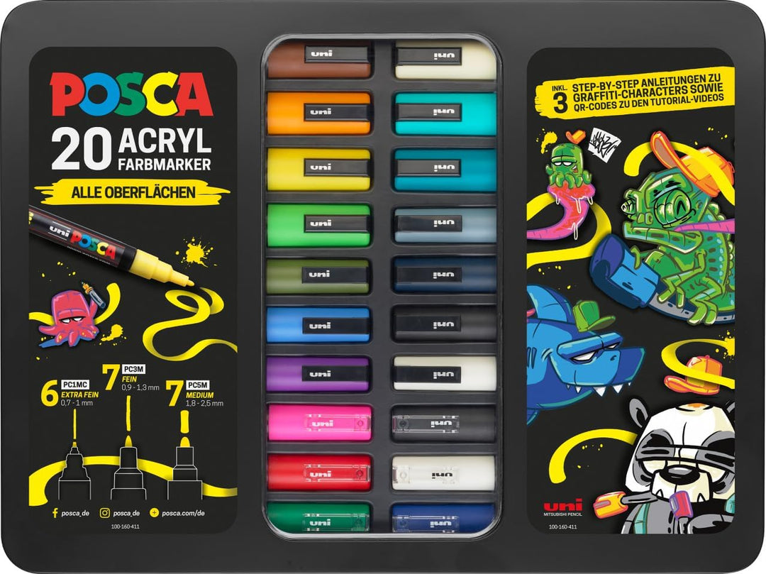 POSCA - Acrylmarker Set 20 Farben mit Metallkoffer & Anleitungen | Marker mit PC-1MC, PC-3M & PC-5M