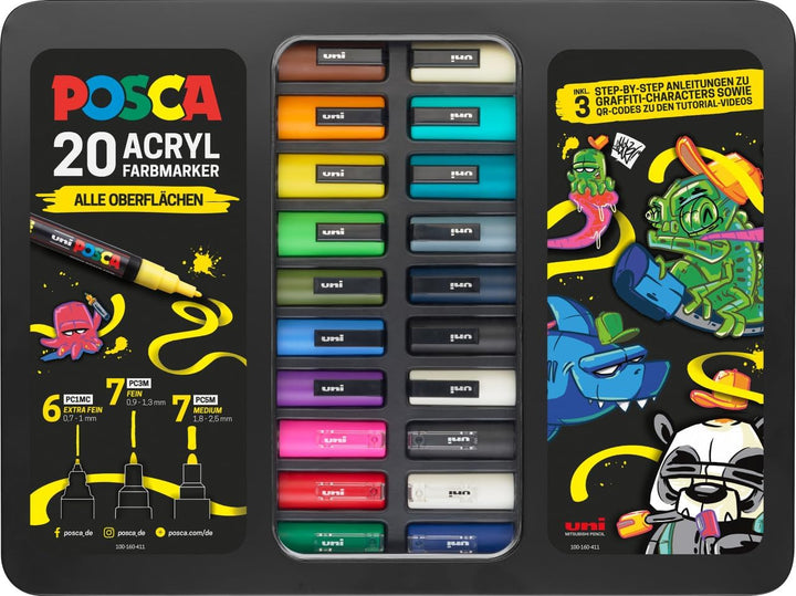 POSCA - Acrylmarker Set 20 Farben mit Metallkoffer & Anleitungen | Marker mit PC-1MC, PC-3M & PC-5M