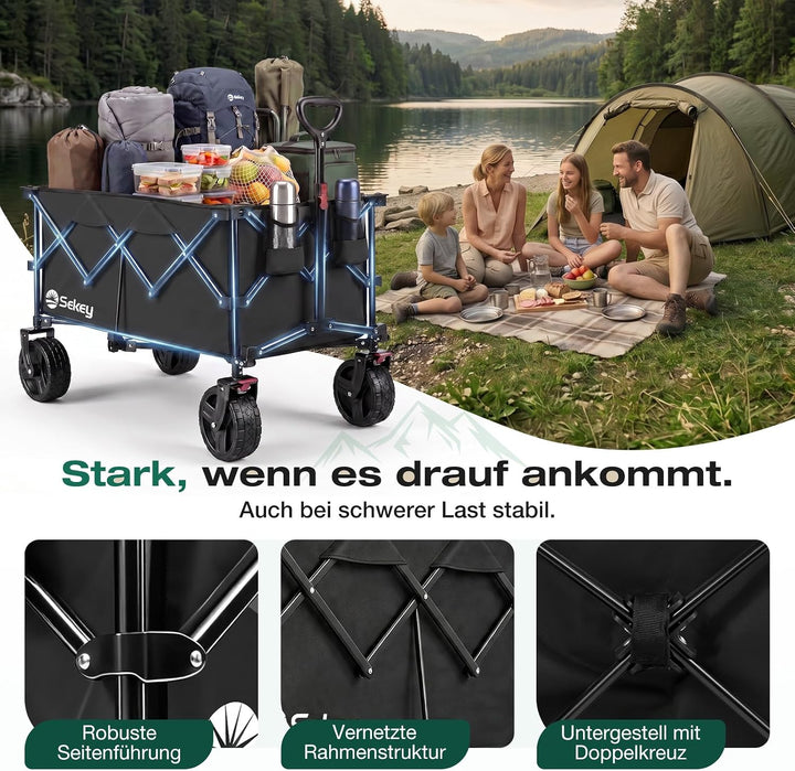 Sekey XXL Plus Bollerwagen Faltbar mit Bremsen 200L 200KG Belastbar, Extra Breite Reifen All Terrain