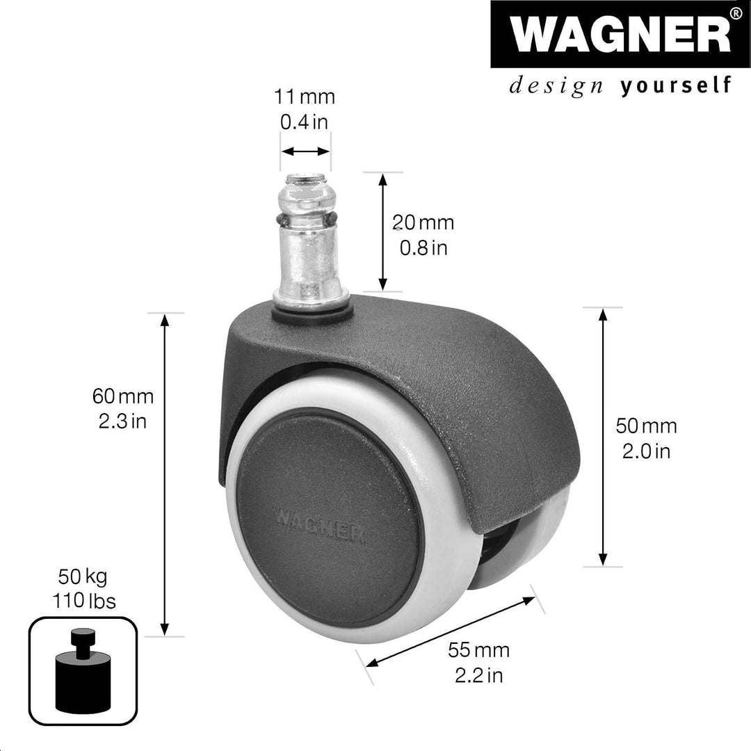 WAGNER Drehstuhlrollen/Bürostuhlrollen 5tlg. Set - SOFT - Durchmesser Ø 50 mm, Bauhöhe 55 mm, Softla