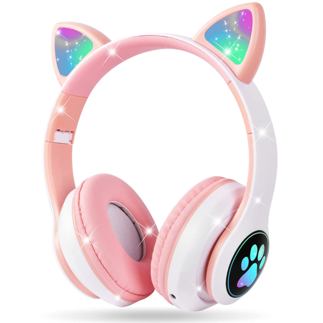 AXFEE Kopfhörer Kinder, Kinderkopfhörer Bluetooth, Mädchen Katzenohr Over-Ear mit LED-licht Faltbare