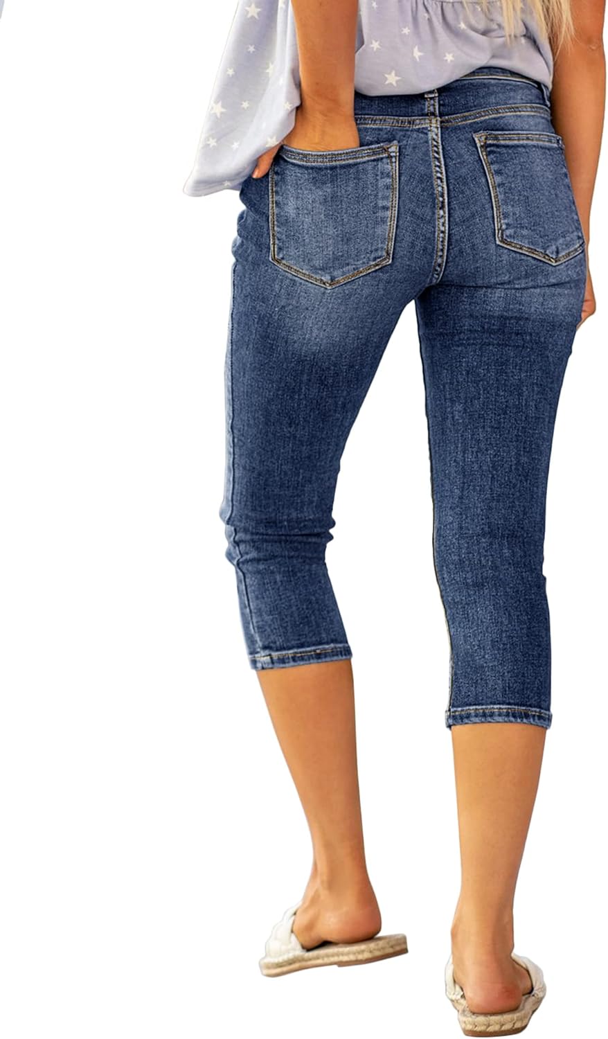 Roskiky Damen Capri Jeans für Frauen hohe Taille Skinny Ripped Jean Denim Hosen