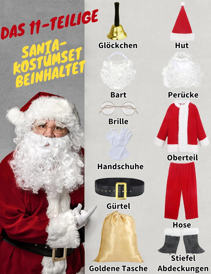 Ahititi Weihnachtsmann Kostüm Deluxe, Nikolauskostüm Santa Claus-Erwachsenenkostüm 10-Teilig, M