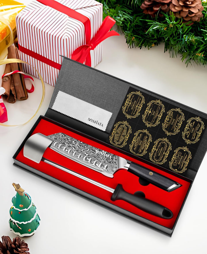 MOSFiATA Damast Santokumesser Scharf 7 Zoll, Küchenmesser Damastmesser Japanisches Messer Chef Knife