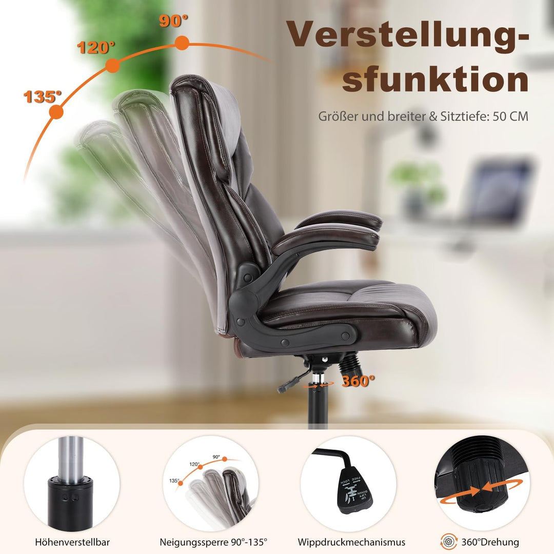 DUMOS Bürostuhl Pu-Leder Chefsessel mit Hochklappbaren Armlehnen Bürostuhle Leder mit Drehbaren Räde