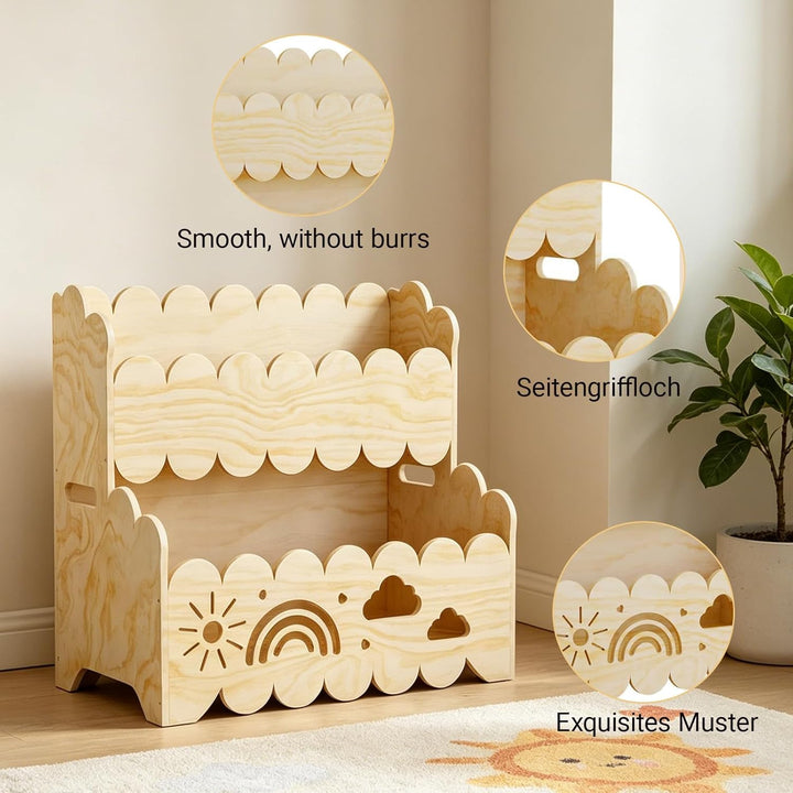 Kinder Bücherregal Holz, 2-Stöckiges Kinderbücherregal Montessori-Bücherregal Bücherkiste Kinder Wol