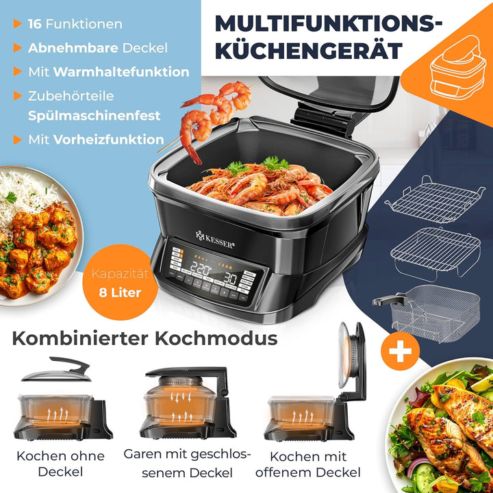 KESSER® Multikocher mit Heissluftfritteuse 8L & 16 Programme Küchengerät - Grillen, Backen, Schmoren