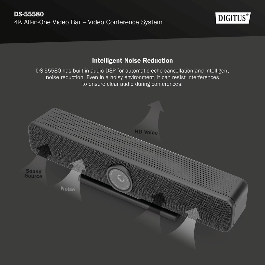 DIGITUS DS-55580 Video Bar Pro, Video-Konferenz-System – 4K UHD 30 Hz ePTZ Webcam Kamera – 1 Tischmi
