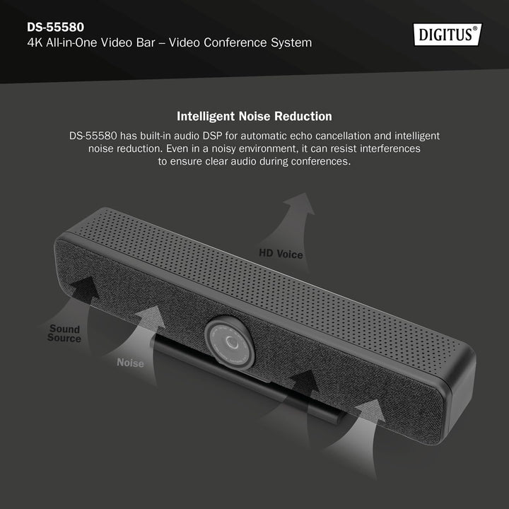 DIGITUS DS-55580 Video Bar Pro, Video-Konferenz-System – 4K UHD 30 Hz ePTZ Webcam Kamera – 1 Tischmi