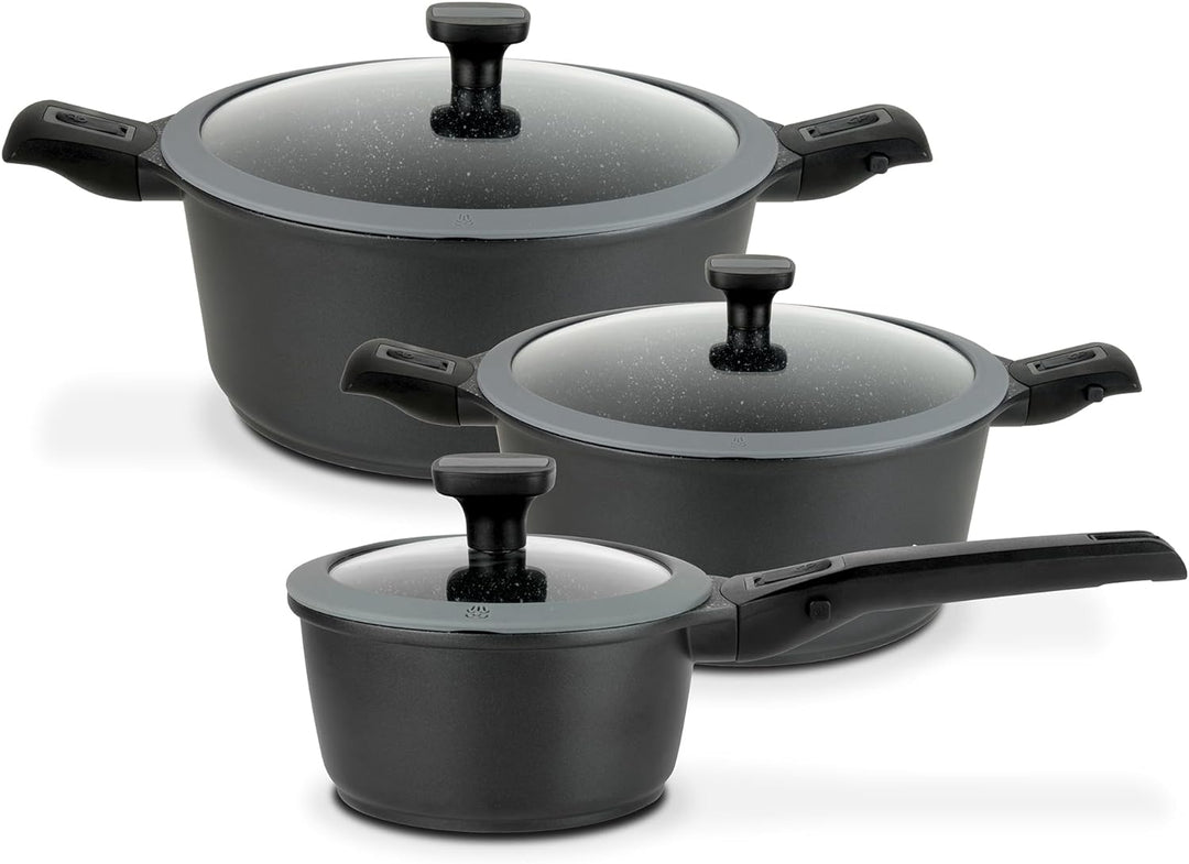GSW 167772 Kochtopf-Set Easy Click 6-tlg, Aluminium, Kunststoff, Glas, Silikon, schwarz