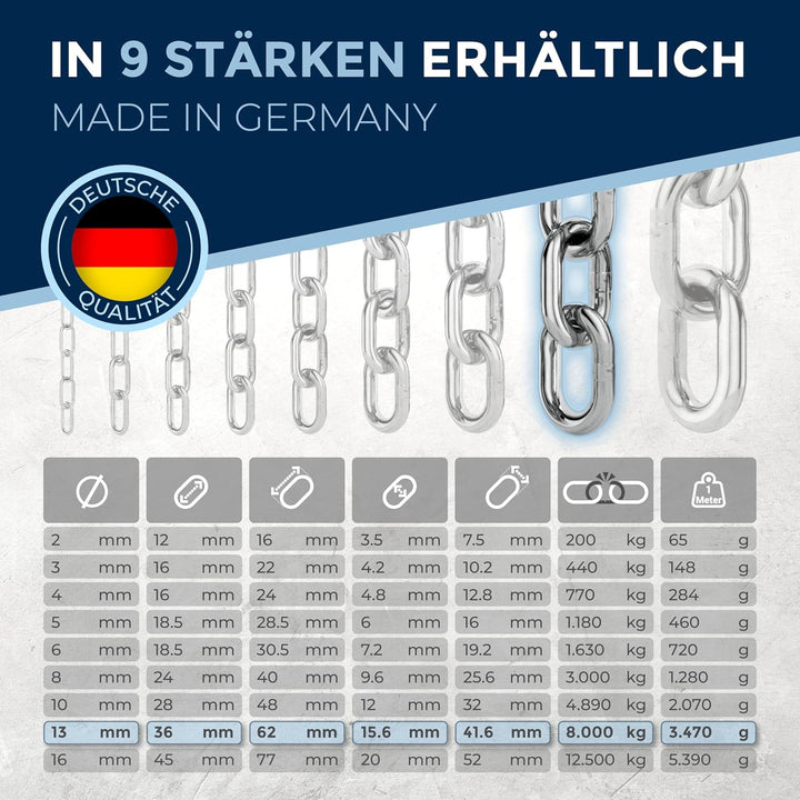 100cm = 1 meter 13mm starke Kette Edelstahl Meterware V4A Schaukel Ketten kurzgliedrig am Stück Stah