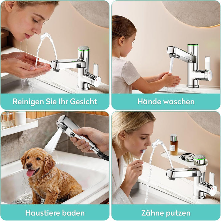 KAIYING Einhebelmischer Waschtischarmatur mit Herausziehbarer Brause, Bad Wasserhahn Ausziehbar mit