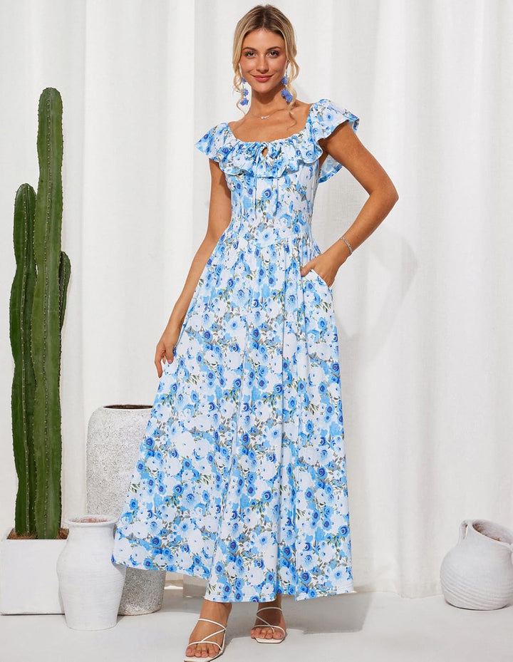 GRACE KARIN Damen Sommerkleid Lang Schulterfrei Rüschen Schlitz Boho Blumenkleid Elegant Hochzeitsgä