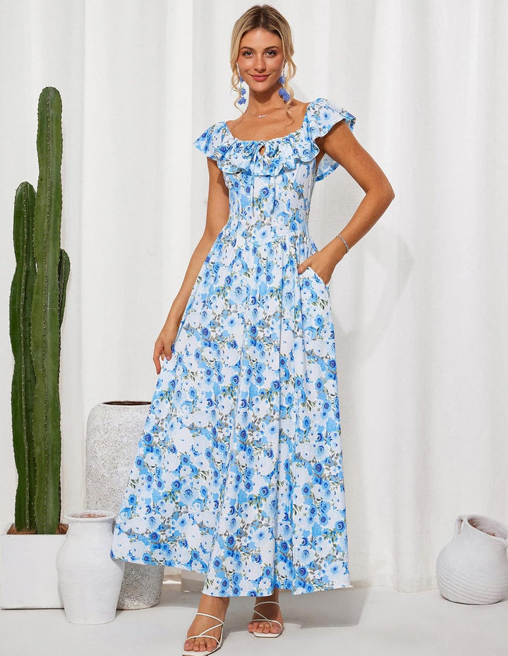 GRACE KARIN Damen Sommerkleid Lang Schulterfrei Rüschen Schlitz Boho Blumenkleid Elegant Hochzeitsgä
