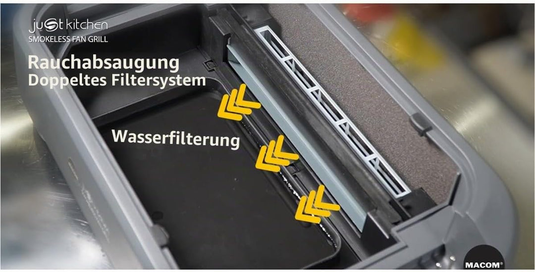 MACOM Elektrogrill/Grillplatte mit integrierter Dunstabzugshaube und doppeltem Filtersystem, für den