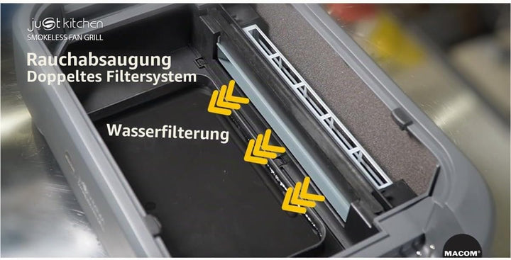 MACOM Elektrogrill/Grillplatte mit integrierter Dunstabzugshaube und doppeltem Filtersystem, für den
