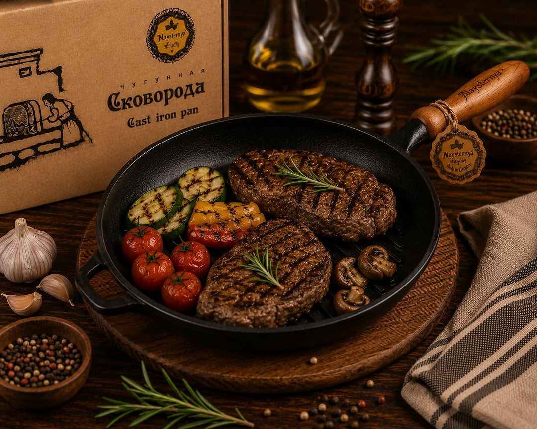 WDMT Maysternya™ Grillpfanne Gusseisen mit Holzgriff - ø 24 x 4 cm - Gusseisenpfanne für alle Herdar