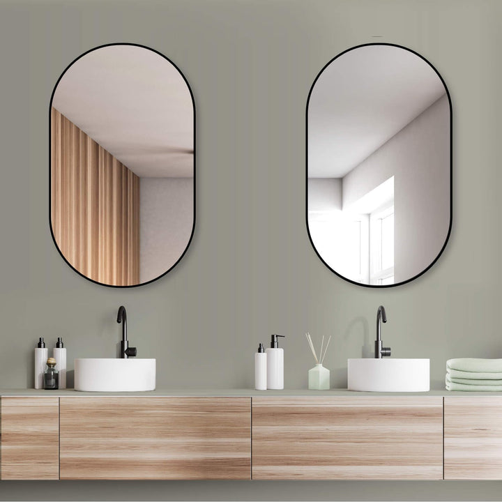 HOKO® Design Wandspiegel oval 60 x 100 cm mit Metall Rahmen Matt Schwarz. HOCH und QUER Montage mögl