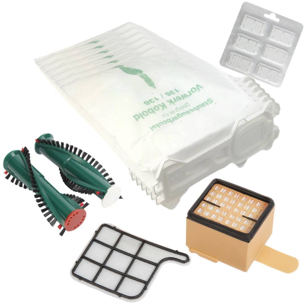 6 Staubsaugerbeutel VLIES+ Motorschutzfilter + Duftblock + Eratzbürsten passend für Vorwerk Kobold 1