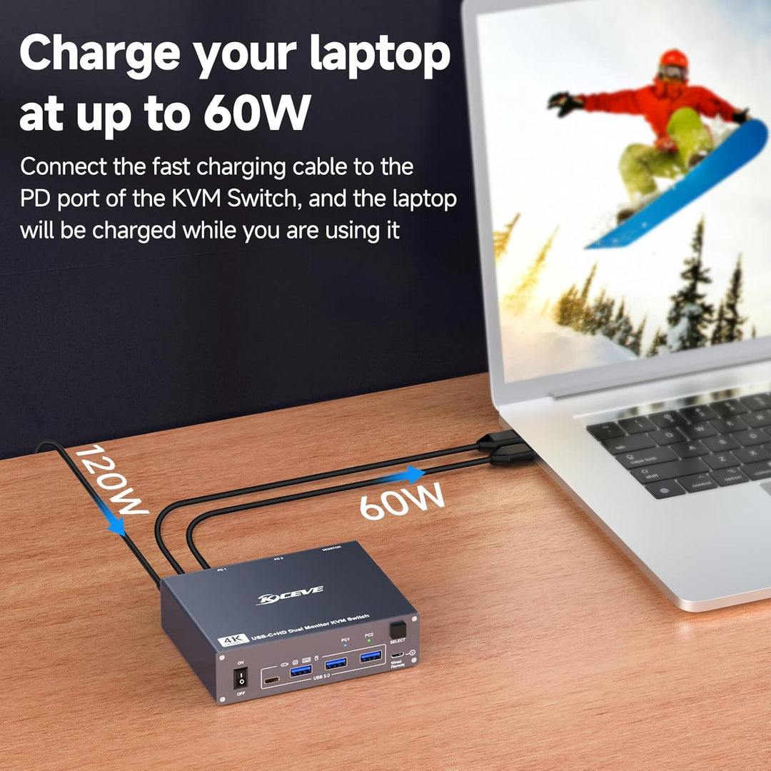 4K KVM Switch 2 Monitore für 1 Laptop 1 Desktop, USB 3.0 KVM Switch 2 PC 2 Monitore USB C, 4K@60Hz,