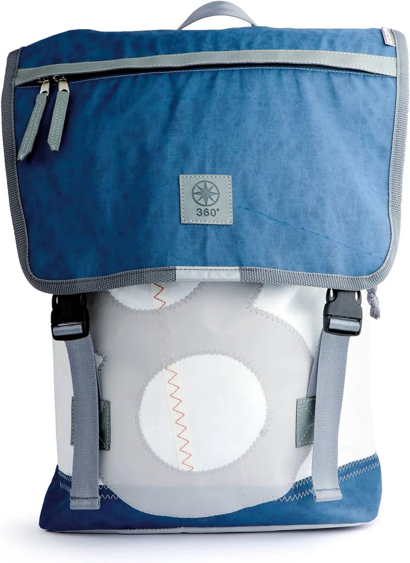 360° Grad Rucksack Landgang gross aus Segeltuch, Segel weiss-blau, Zahl hellgrau Gurt grau