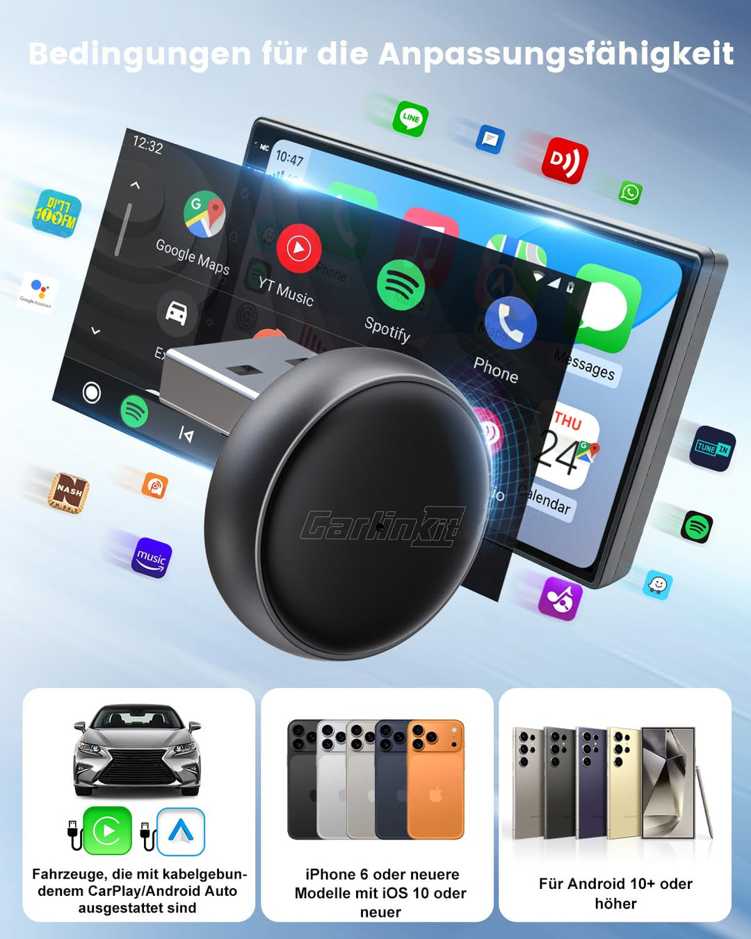 CarlinKit MINI-Ultra 3 Wireless Adater – Konvertiert kabelgebundenes CarPlay/Android Auto in kabello
