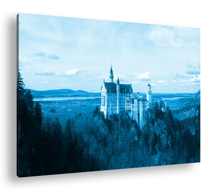 deyoli Burg Neuschwanstein Format 100x70 Effekt: Monocrome Blau als Leinwandbild, Motiv fertig gerah