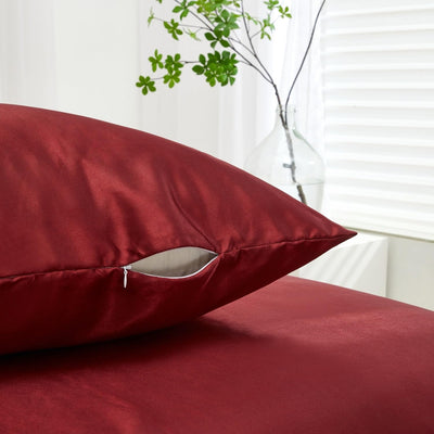 Luowei Satin Bettwäsche 155x220 3tlg Weinrot Einfarbig Uni Glänzend Glatt 1 Bettbezug mit 2er Set 80