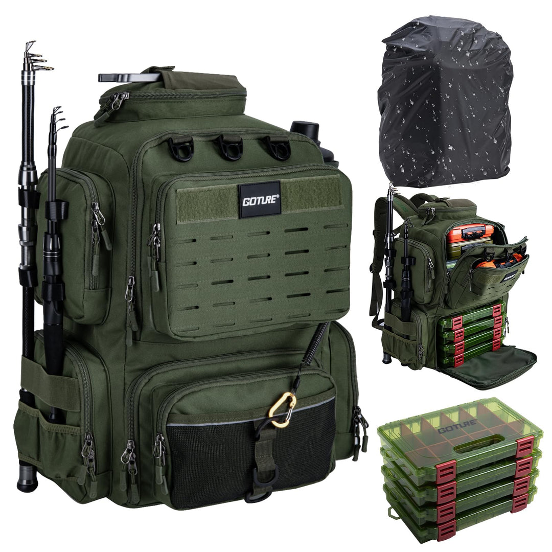 Goture Angelrucksack mit 4 Köderbox Angeln, 45-Liter Angelzubehör-Rucksack mit Zwei Rutenhaltern und