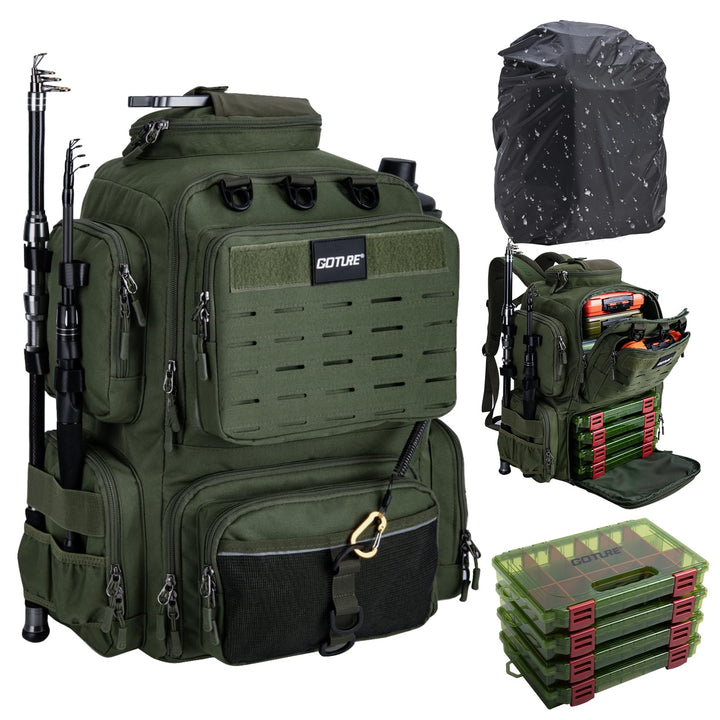 Goture Angelrucksack mit 4 Köderbox Angeln, 45-Liter Angelzubehör-Rucksack mit Zwei Rutenhaltern und