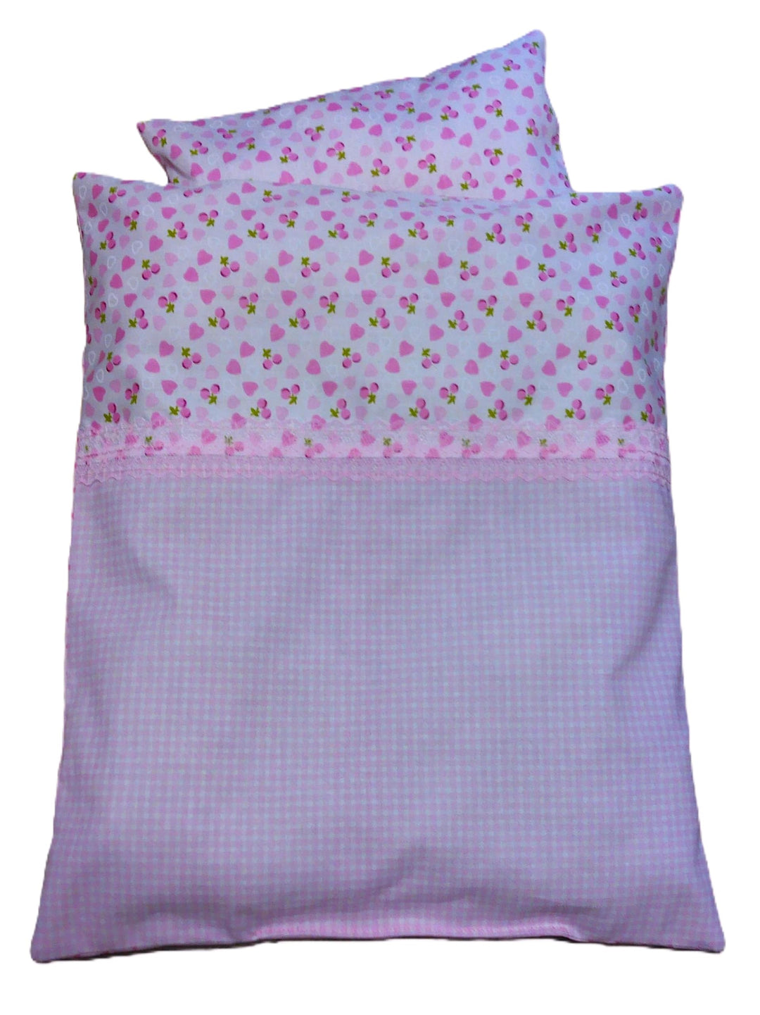 Puppenbettwäsche rosa Herzchen-Design, 4 Variaten, für Puppenwagen,-bett oder Puppenbuggy (Spitze),