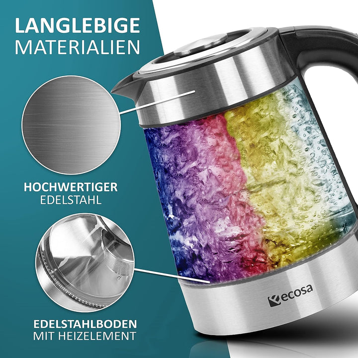 Glas Wasserkocher 1,7 Liter | 2200 Watt | Edelstahl mit Temperaturwahl | Teekocher | 100% BPA FREI |